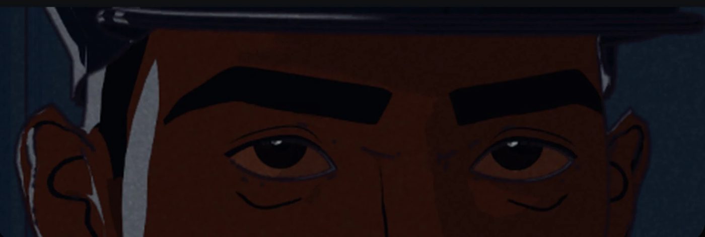 An extreme close-up of Dali's eyes under the brim of his cap.